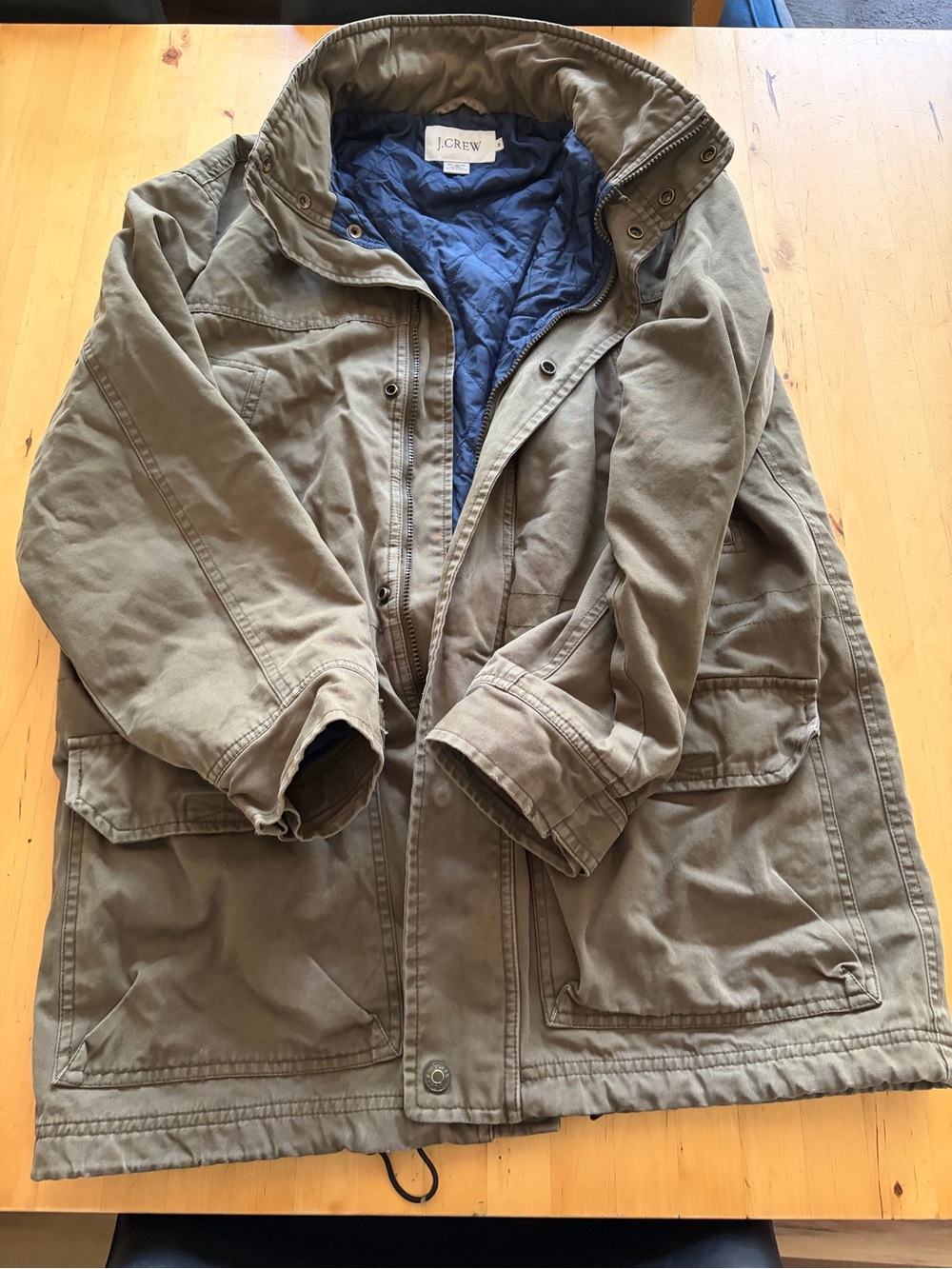 J. Crew Olive Green Military Field Jacket with Navy Quilted Lining